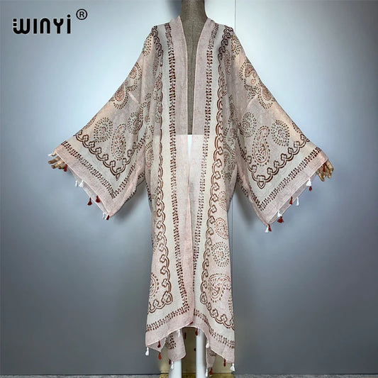 WINYI Africa Bohemia summer kimono maxi dress beach cover up Cardigan abaya muslim woman coat boho kaftan beach outfits kaftan