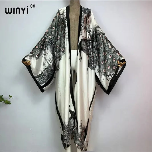 WINYI Catwalk Kimono Women Printed bubble hem coat Long Sleeve Cardigan abaya dubai luxury beachwear Cover Up boho dress Caftan